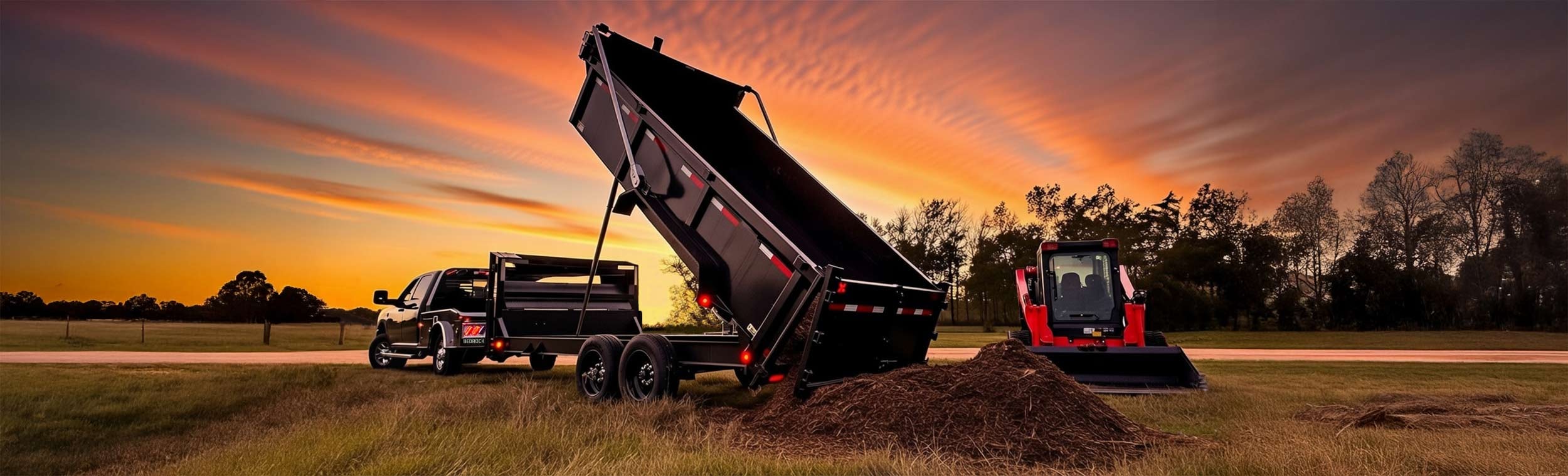 Bedrock Onyx flatbed truck towing a dump trailer at sunset with heavy equipment on site